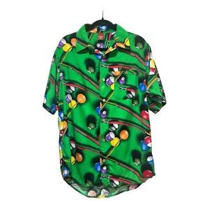 All Over Graphic Button Down Short Sleeve Mens Medium Billiards Art T-Shirt Pool